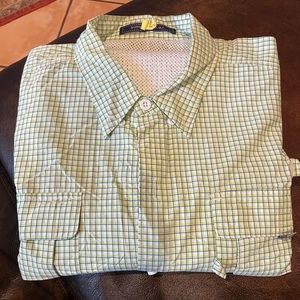 Columbia PFG Super Bahama bright green plaid shirt.